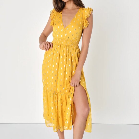 Lulus Cause to Celebrate Yellow and Gold Dot Ruffled Tiered Midi Dress (M) - Picture 1 of 8
